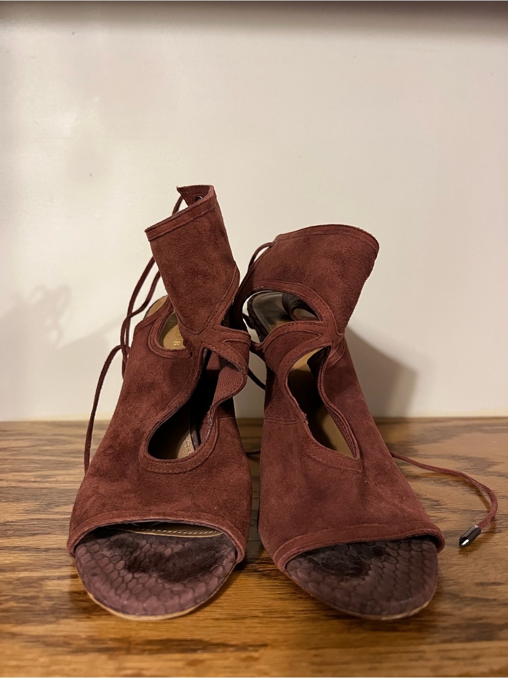 Aquazzura Women's Lace-Up Suede Open-Toe Heels in Brown